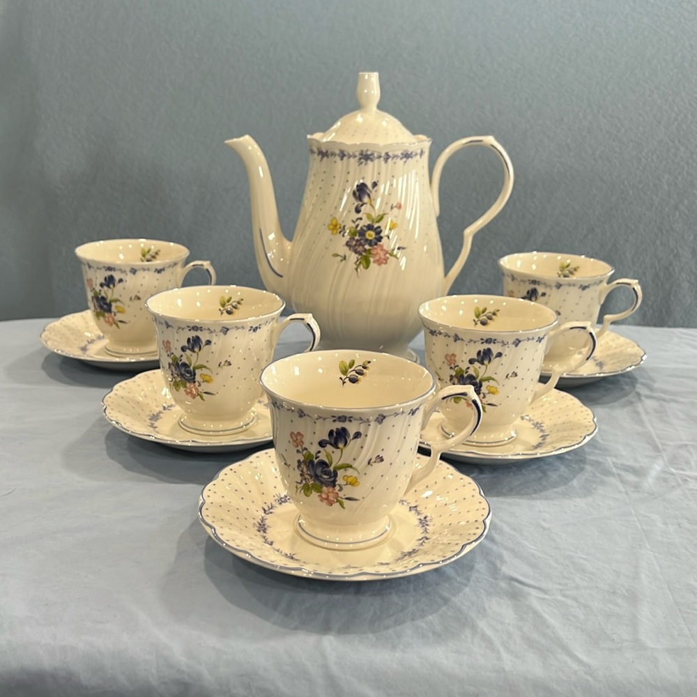 Blue Peony by NIKKO; NEW 5 cup coffee pot; 5 coffee cups with saucers